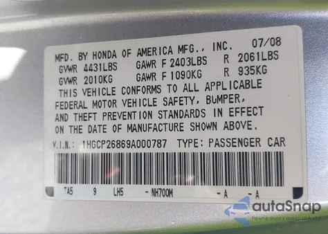 2009 Honda Accord 2.4 Ex-L z USA, uszkodzony, nr VIN 1HGCP26869A000787